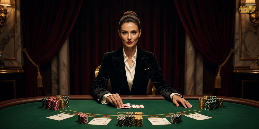 Hình minh họa dealer chuyên nghiệp đang chia bài baccarat live trên nền tảng nh88 với không khí casino sang trọng.