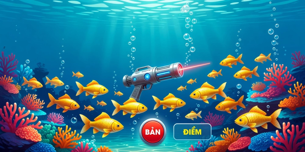 Minh họa giao diện trò chơi bắn cá vàng nh88 với cá đa dạng và hiệu ứng sống động
