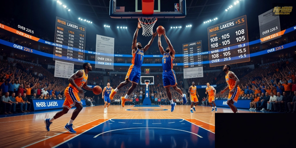 Hình ảnh minh họa cá cược bóng rổ NBA trên NH88 với các ngôi sao bóng rổ và bảng tỷ lệ