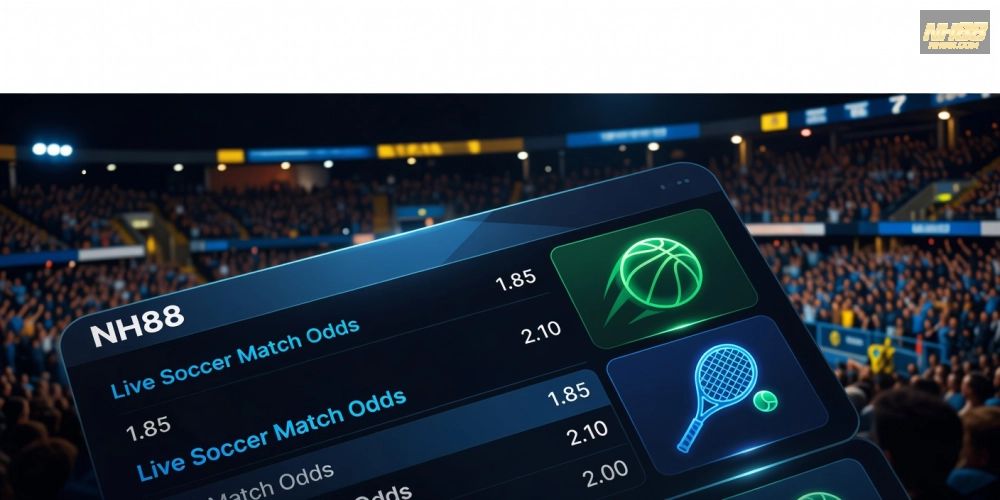 Minh họa khái niệm cá cược thể thao nh88 với giao diện nền tảng hiện đại và các môn thể thao phổ biến