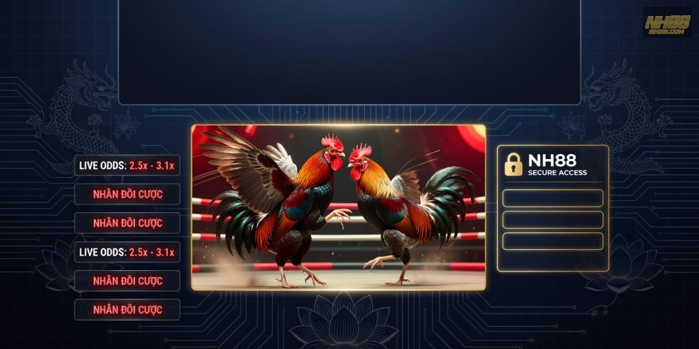 Hình minh họa khái niệm đá gà trực tuyến trên nền tảng NH88 với giao diện hiện đại và an toàn.