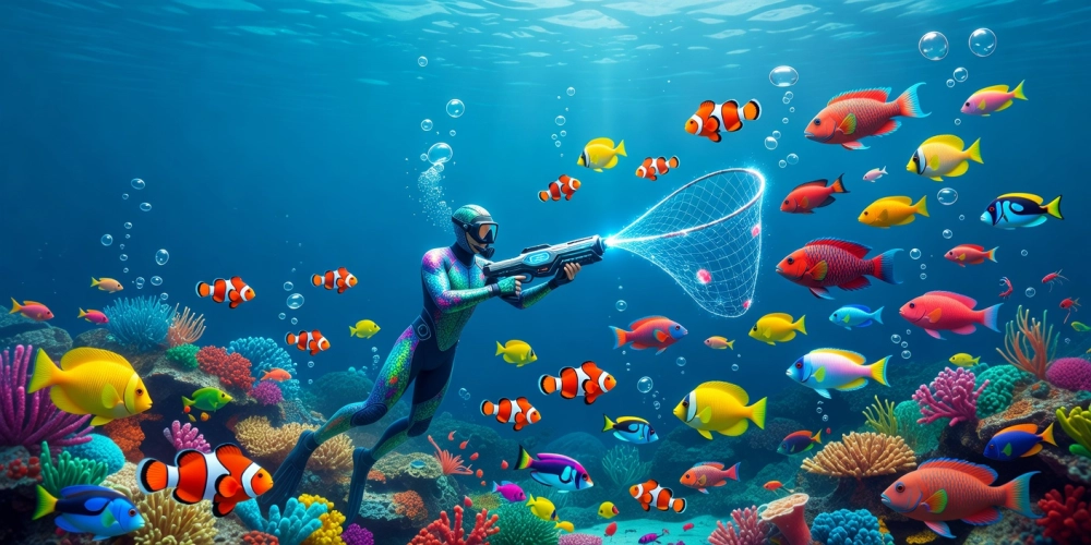 Minh họa khái niệm game bắn cá nh88 với hình ảnh cá đa sắc màu dưới đại dương