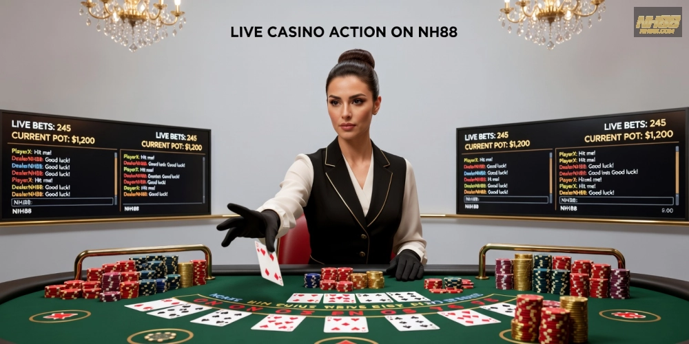 Khái niệm live casino online nh88 được minh họa qua dealer chuyên nghiệp và bàn chơi hiện đại