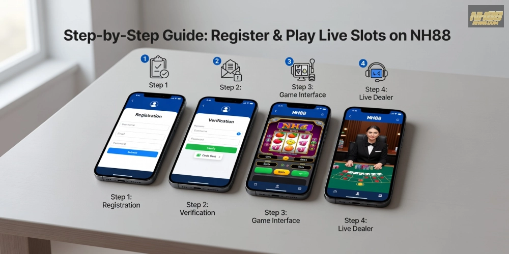 Hình hướng dẫn từng bước đăng ký và chơi live casino slot games nh88 trên nền tảng di động