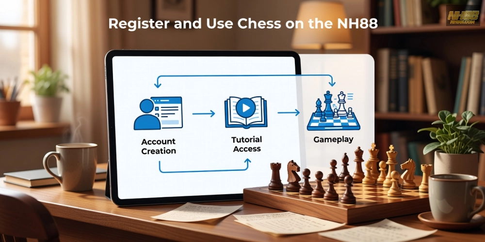 Hình minh họa quy trình đăng ký và sử dụng hướng dẫn cờ vua trên NH88