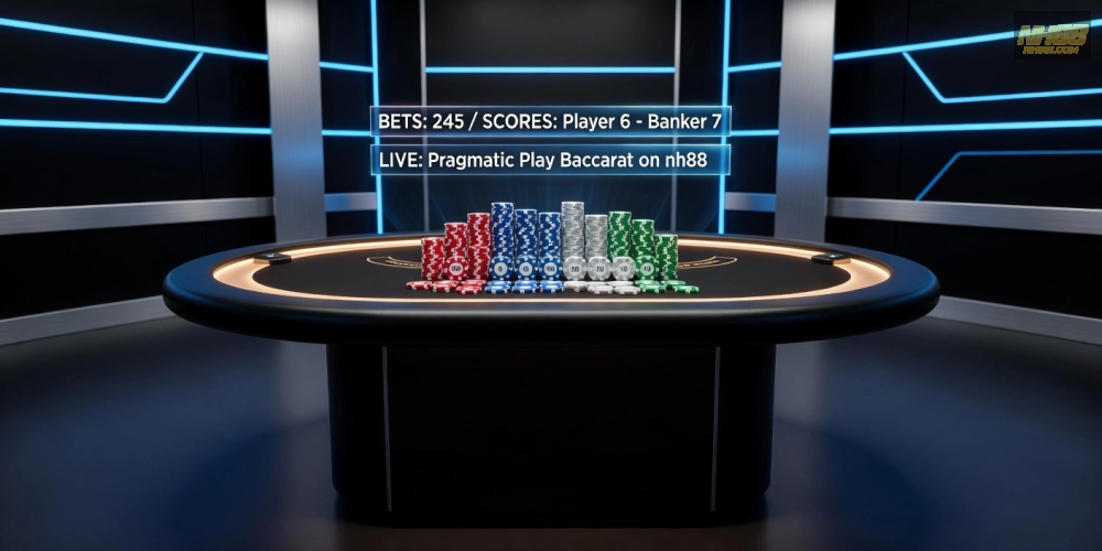 Hình ảnh bàn chơi baccarat live từ Pragmatic Play trên nh88 với giao diện hiện đại và chip cược đa dạng.