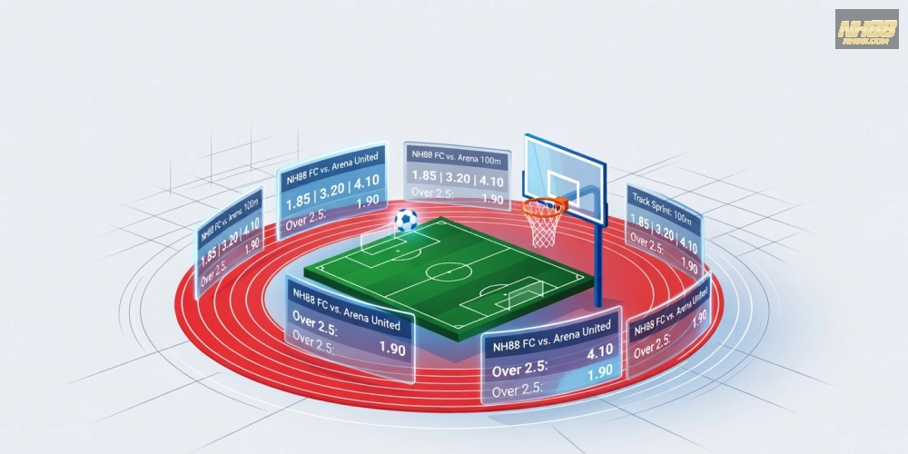 Minh họa khái niệm trò chơi thể thao trên NH88 với các biểu tượng bóng đá và tỷ lệ cược hấp dẫn