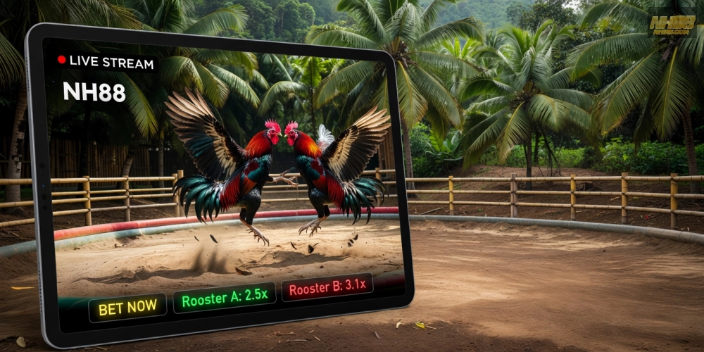 Hình ảnh trường gà Philippines trên nh88 với trận đấu kịch tính và giao diện cá cược hiện đại